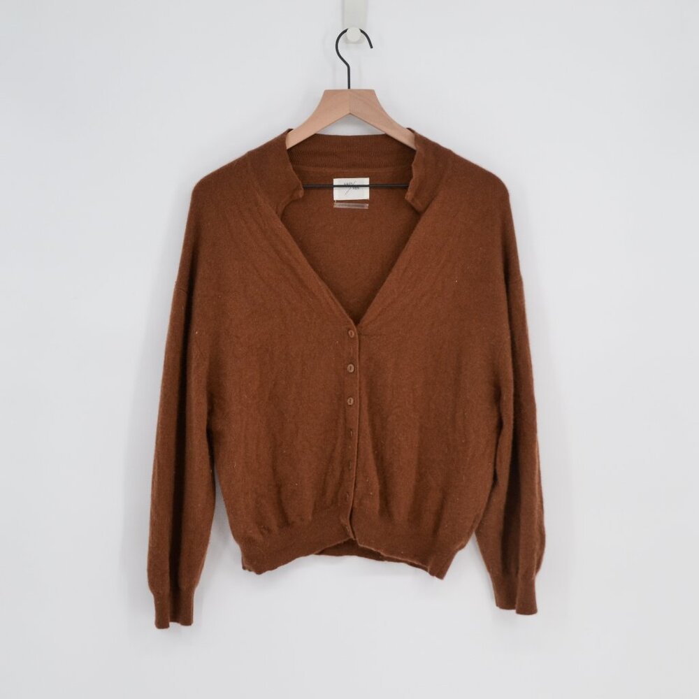 Grey Ven Pure Cashmere Collared V-Neck Cardigan Brown Button Down Sweater Size S
